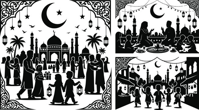 ramadan silhouette illustration with crescent moon and festive scene