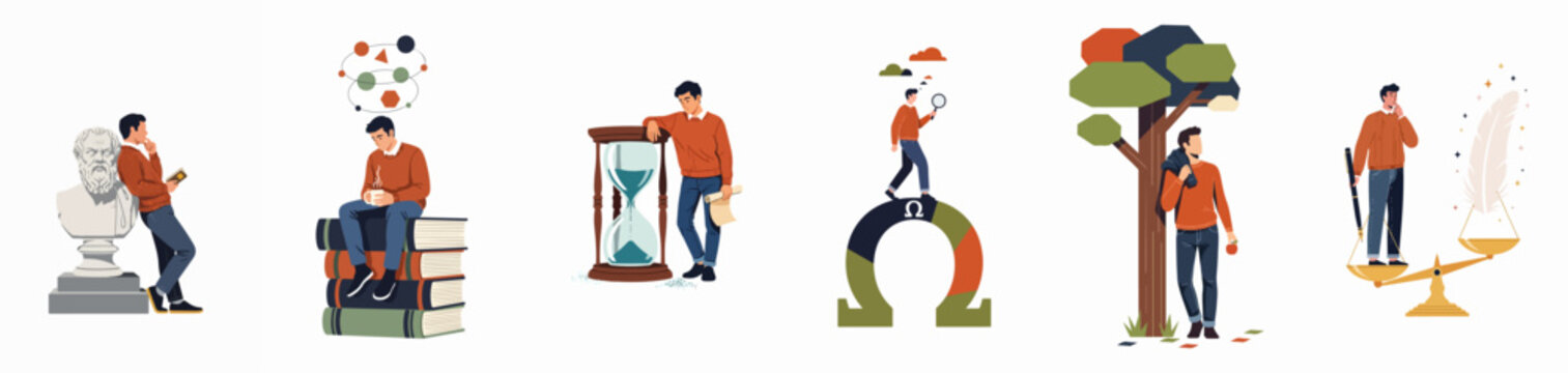 Flat vector set of a man exploring philosophical concepts including time, justice, knowledge, and ancient wisdom through various symbolic and educational metaphors.