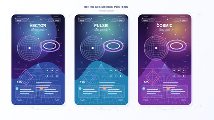 Fototapeta premium Set of three retro geometric Y2K posters with wireframe spheres, neon rings, perspective grids and abstract landscapes on light studio background