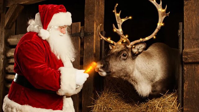 Santa Feeding Reindeer with Carrot - In a festive setting, Santa Claus in a red suit gently offers a carrot to a reindeer standing in a stable.