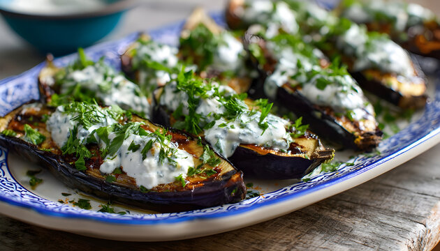 Oven roasted aubergine with garlic yogurt dressing