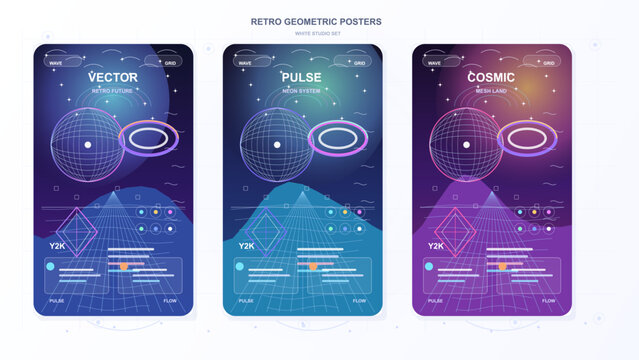 Set of three retro geometric Y2K posters with wireframe spheres, neon rings, perspective grids and abstract landscapes on light studio background