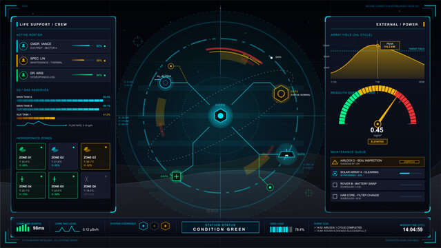 Dark sci-fi space station status dashboard with life support panels, radial core map, power gauges, hydroponics data and maintenance queue