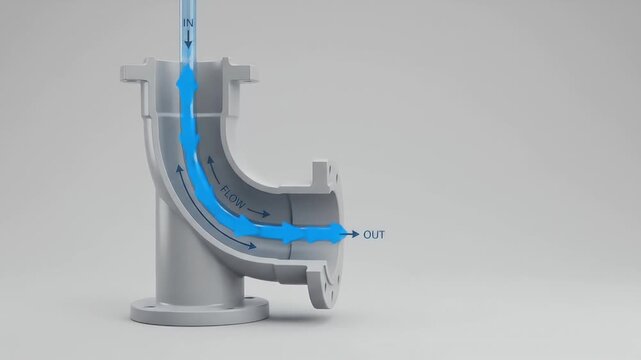 Water flow through pipe elbow with directional arrows illustrating fluid movement from inlet to outlet in gray industrial plumbing pipe section showing smooth liquid flow