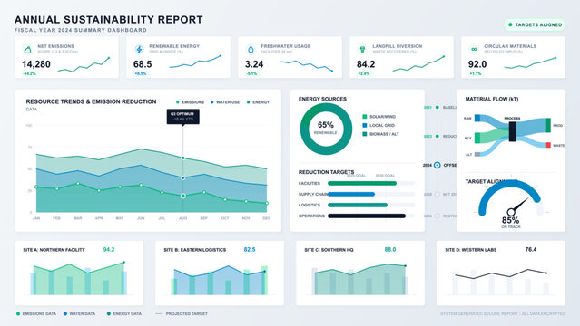Annual sustainability report dashboard with emission trends, renewable energy donut chart, material flow graphic, target gauge, and site scores