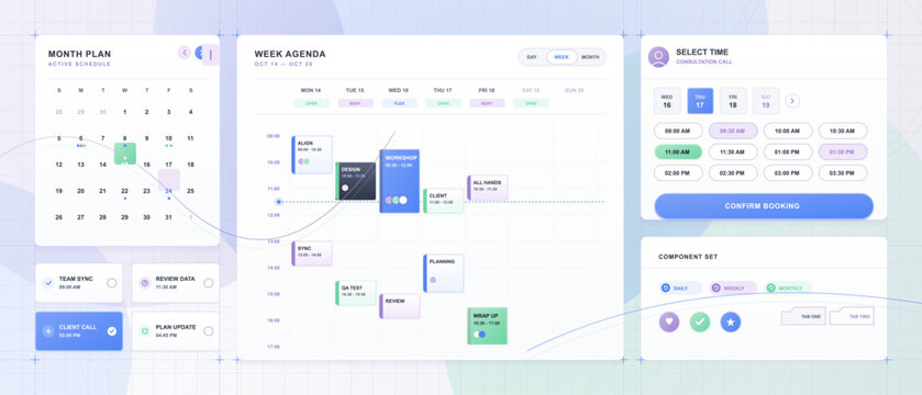 Modern scheduling app interface with monthly calendar, weekly agenda, time booking panel, task cards, buttons and pastel grid background