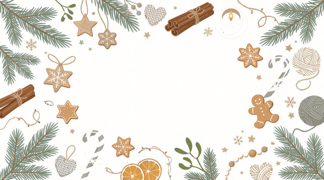 Rustic Christmas Frame with Gingerbread Cookies, Pine Branches, Cinnamon, and Holiday Decorations for Festive Themed Vector Designs