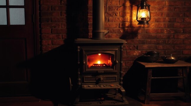 Antique ornate wood stove burns bright fire in dimly lit brick room. Rustic hearth has metal pot and lantern. Warm glow on objects and wall.
