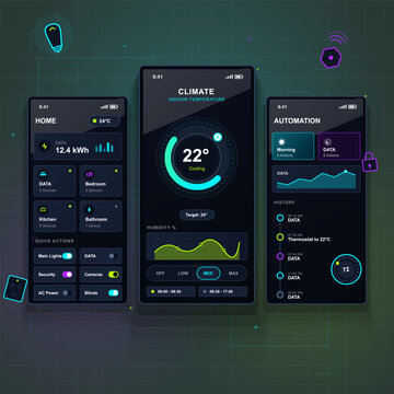 Dark smart home mobile app UI with three screens for energy use, climate control, room devices, automation routines, history and neon icons.