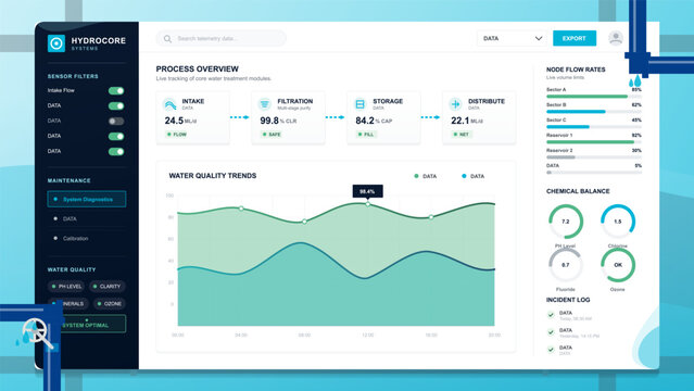 Flat water treatment dashboard UI showing filtration metrics, quality trend chart, chemical balance gauges, flow rates and pipes on aqua background