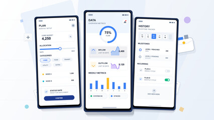 Naklejka na ściany i meble Financial planning mobile app interface illustration with three smartphone screens showing budget setup, data metrics, history tracker and charts