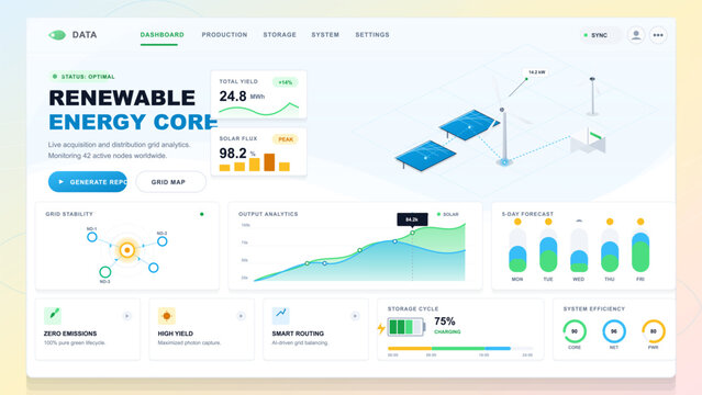 Renewable energy dashboard illustration with solar panels, wind turbines, grid stability map, output analytics, forecast and storage metrics