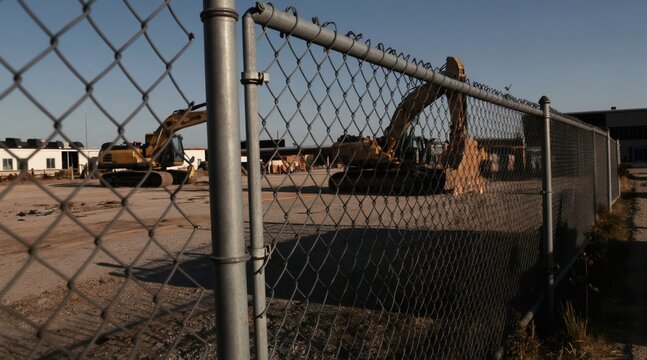 Yellow excavators rest in industrial yard behind chain link fence. Construction trailers sit nearby under clear blue sky. Heavy equipment is parked on dirt lot. Security barrier defines edge of site.