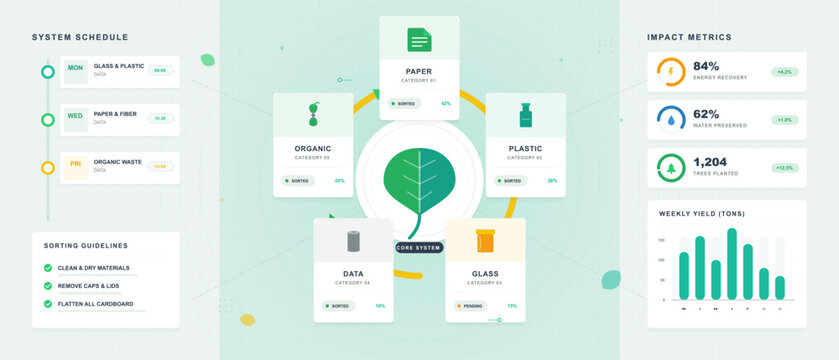 Sustainable recycling dashboard illustration with sorting schedule, material category cards, leaf core system, impact metrics and weekly yield chart