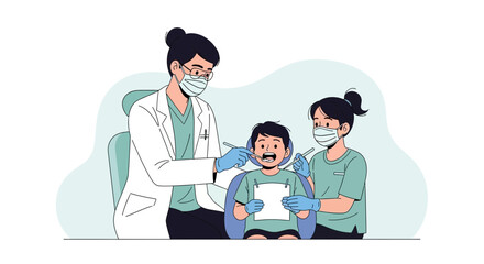 Fototapeta premium Dentist examining child's teeth with assistant, dental care concept illustration