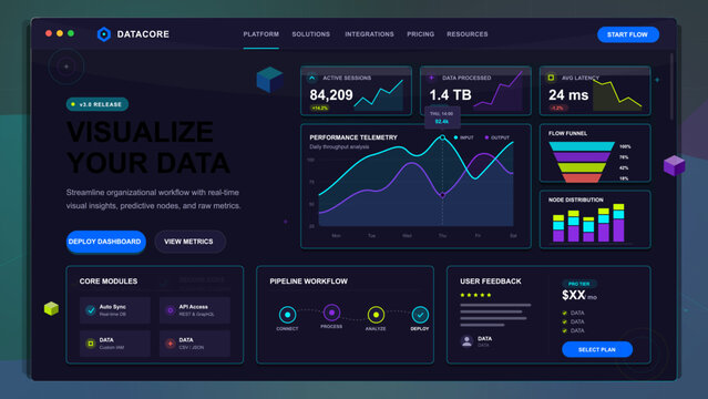Dark futuristic analytics dashboard interface with neon charts, workflow modules, data cards, graphs, and web app controls on grid background