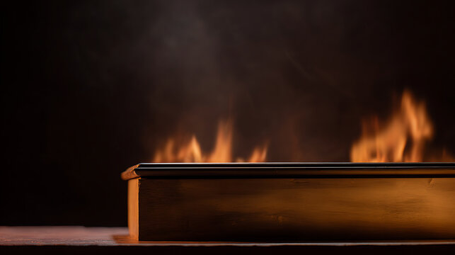 A close-up view of vibrant orange flames emerge from a sleek, dark bioethanol burner on a warm wooden surface in a cozy, dimly lit room