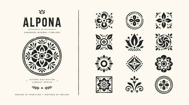 Vintage linocut floral ornaments and geometric folk art motifs set for branding and pattern design