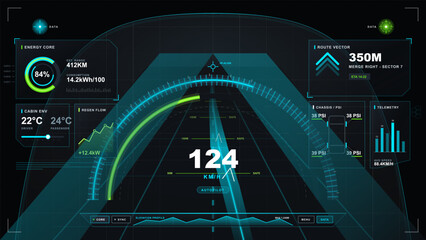 Futuristic electric vehicle dashboard HUD with speedometer, route guidance, telemetry panels, neon data graphics, and dark road display © Антон Сальников
