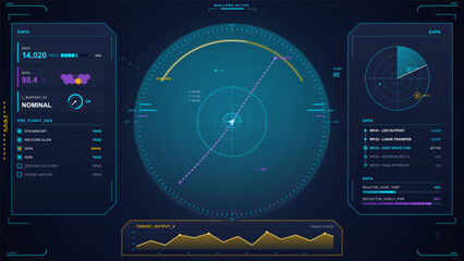 Futuristic spacecraft navigation HUD interface with circular radar display, route markers, telemetry panels, status gauges, and neon graphs. © Антон Сальников