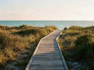 Fototapeta premium Wooden boardwalk path in serene coastal landscape with ocean view