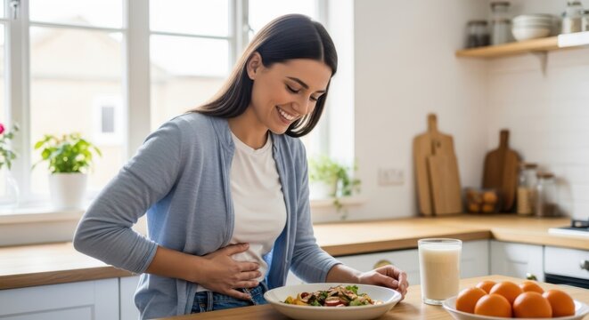 Young woman smiling while holding her abdomen near a healthy salad, representing stoma care and digestive comfort