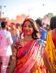 Fototapeta premium Smiling Indian Woman In Traditional Saree Wearing Vibrant Colors Celebrating Holi Festival In A Crowded Hazy Outdoor Public Celebration Event