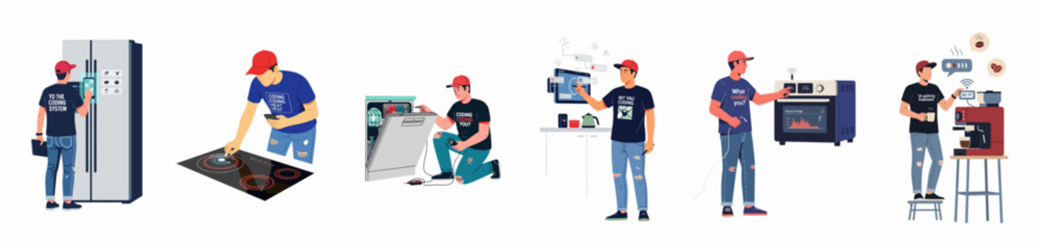 Illustration set of a technician managing and repairing various smart home appliances including a refrigerator, dishwasher, oven, and coffee machine using modern technology.