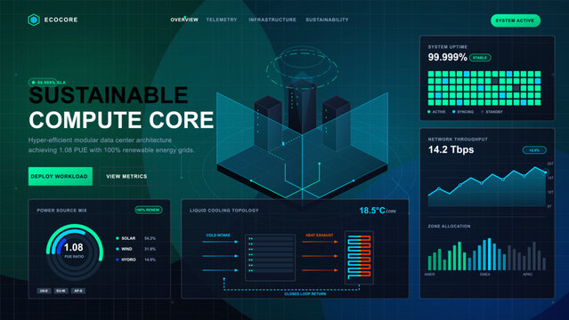Futuristic sustainable data center dashboard with server architecture, uptime metrics, cooling diagram and renewable energy charts on a dark grid