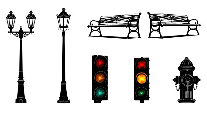 black silhouettes of urban elements street lamps park benches traffic lights and a fire hydrant perfect for city design.