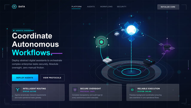 Futuristic autonomous workflow dashboard with glowing agent nodes, secure routing panels and holographic network interface on a dark digital grid