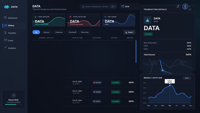 Dark financial activity dashboard interface with transaction history table, inflow and outflow charts, sidebar menu and detailed payment panels