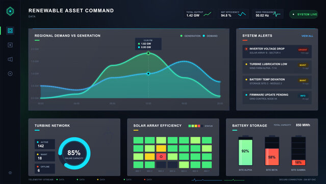 Dark renewable energy command dashboard showing demand and generation chart, system alerts, turbine network, solar efficiency and battery storage