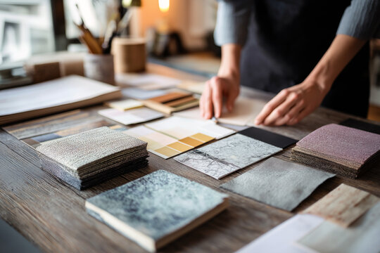 Interior designer arranging material mood board on a table, fabric samples tiles wood finishes and paint chips, creative workspace, warm studio lighting