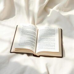 Fototapeta premium Open book on linen fabric in soft natural light minimal aesthetic