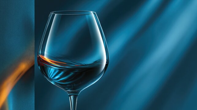 Abstract Concept of a Crystal Wine Glass with Orange Light Reflection on Dark Blue Background