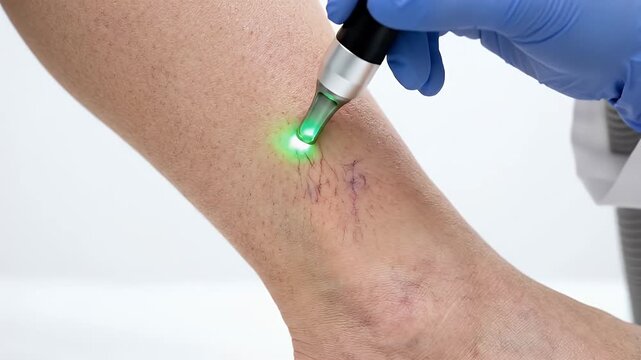Laser treatment on leg and ankle spider veins with medical device close up of skin using green light therapy for vein removal healthcare procedure and dermatology care