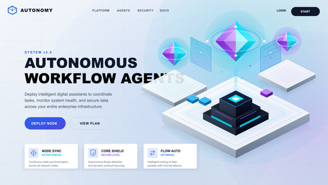 Light technology landing page for autonomous workflow agents with isometric data nodes, security cards, deploy buttons and blue purple grid