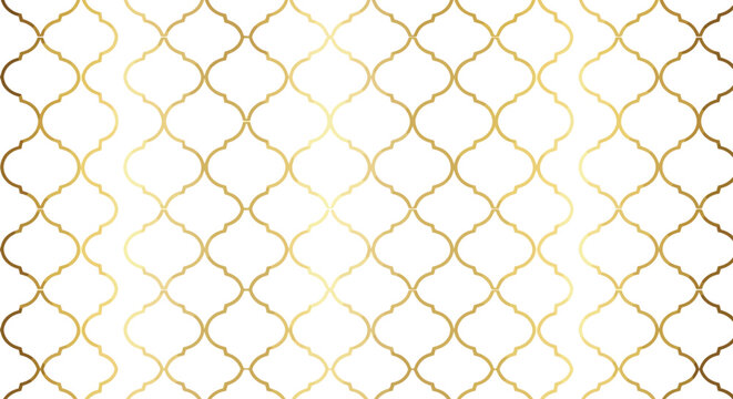 Elegant moroccan trellis pattern background with gold lattice geometric shapes on white surface for luxury interior wallpaper design or festive event decor.