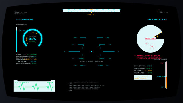Dark sci-fi life support HUD showing oxygen flow gauges, heart rhythm, hazard scan, targeting reticle, compass and telemetry readouts on black screen