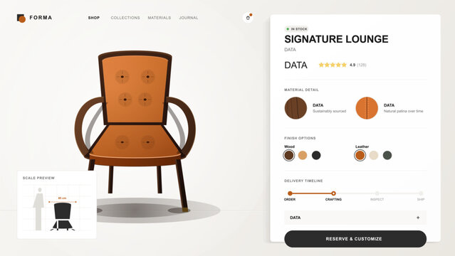 Clean furniture ecommerce product page featuring a brown lounge chair, material swatches, finish options, rating, delivery timeline and scale preview