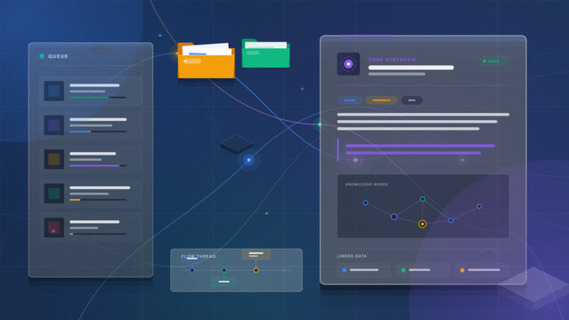 Futuristic dark data workflow interface with queue panel, document folders, core synthesis report, knowledge node graph and linked data cards