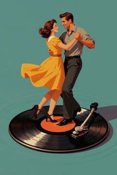 Couple dances on vinyl record. Man in shirt, woman in yellow dress enjoy music together. Retro style swing dancers move to song on vintage turntable.