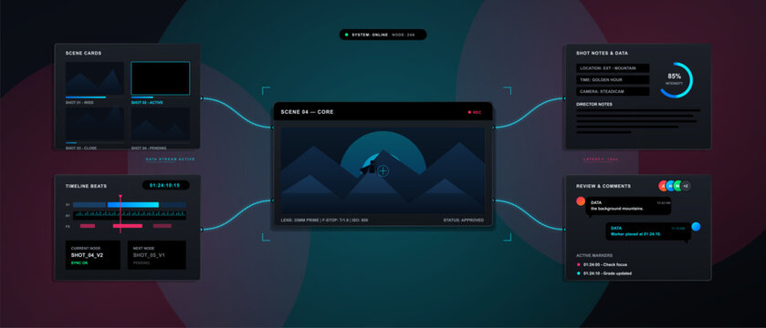 Futuristic video production dashboard with connected editing panels, timeline, scene preview, notes, and review comments on a dark neon interface
