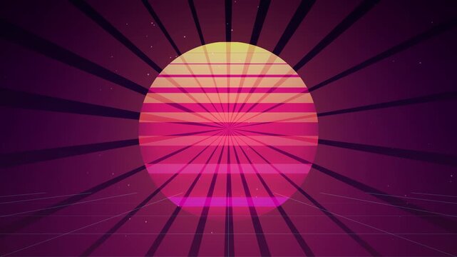 Retro 1980s Synthwave Sun Animation with Digital Grid Landscape
