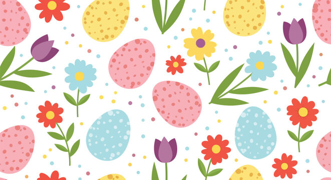 Easter holiday pattern with colorful speckled eggs spring flowers and tulips on white background for seasonal celebration and festive textile decoration.