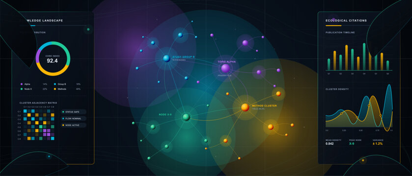 Dark ecological research dashboard with glowing network map, knowledge graph nodes, circular index chart, matrix grid, and analytics panels.