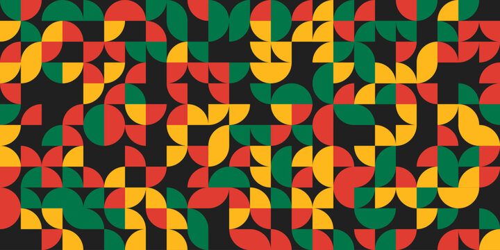 red yellow green abstract geometric shapes on black background, black history month template, juneteenth social network post