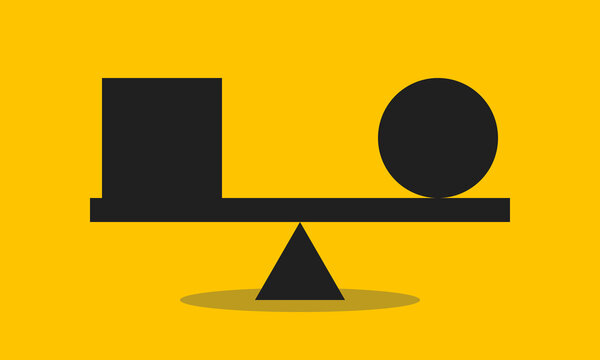 cube and ball in equilibrium on seesaw, concept of harmony and balance, vector flat style infografics illustration