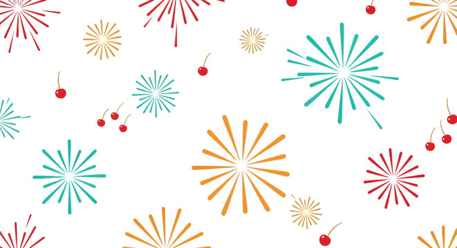 Festive seamless pattern of colorful fireworks explosions and small red cherries scattered across a bright white background, celebration.